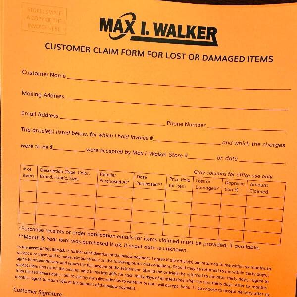 Claim Form for Lost or Damaged Items